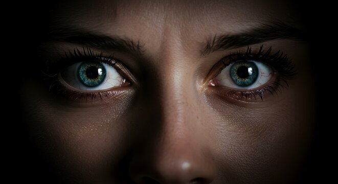 Close-up of Wide-Eyed Woman, Fear, Terror, Fright, Anxiety, Panic, Distressed, Terrified, Scared, Shocked, Astonished, Surprised, Intense Emotions
