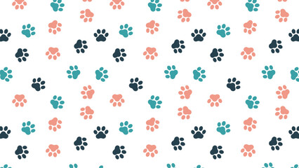 Seamless paw print pattern in teal, coral, and navy on white background. Cute dog and cat footprints, ideal for pet fabric, kids' products, digital paper, and animal-themed design projects
