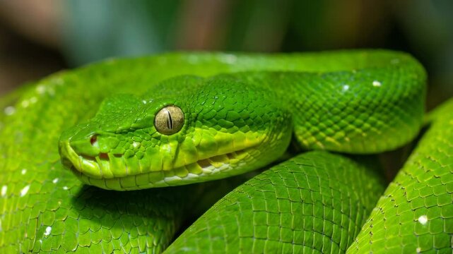 An emerald green tree python coiled, displaying scales and captivating eye. The reptile's skin texture and gaze evoke curiosity and a sense of the untamed.