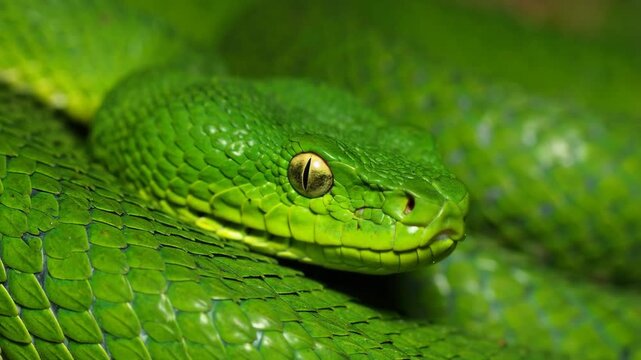 A mesmerizing view of a vivid green snake, its piercing yellow eye gazing intently at the viewer, coiled with detailed texture and captivating scales, embodying a serene, close-up natural portrait.