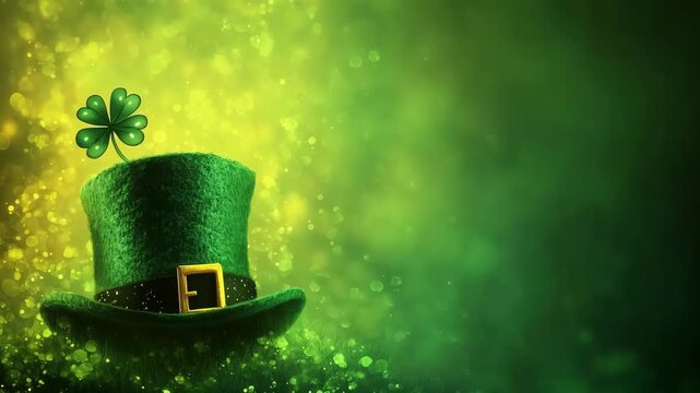 A green leprechaun hat with a gold buckle and a shamrock on top. The background features a soft gradient of green hues with sparkling effects, evoking a festive atmosphere