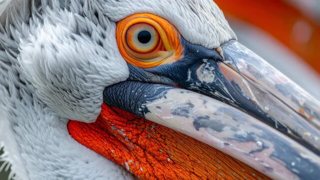 A detailed close-up portrait of a Dalmatian pelican, showcasing the intricate details of its eye and beak. Capturing the textured patterns of feathers and the vivid colors. 