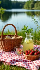  Picnic Setup with Basket, Lemonade, and Strawberries in a Serene Lakeside Setting