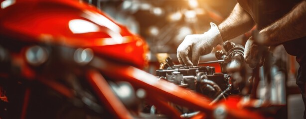 The skilled mechanic working on a motorcycle engine in a workshop environment.