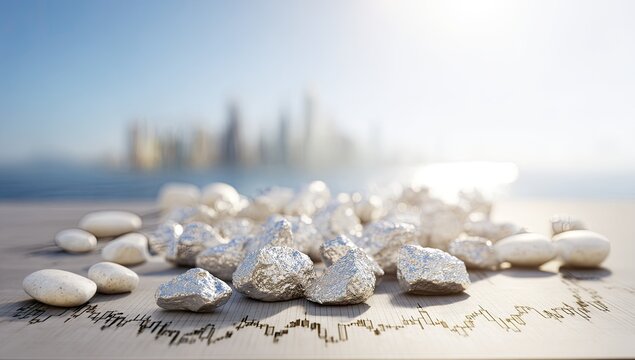 Silver rocks on a table with a city skyline in the background