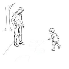A father and son drawing chalk hopscotch on the sidewalk