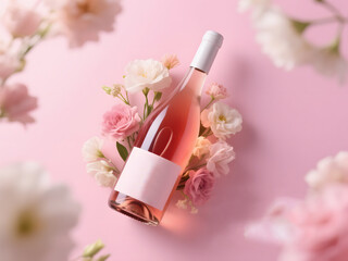 Tilted rosé wine bottle among fresh flowers with text placeholder on a dreamy pink background in festive mood