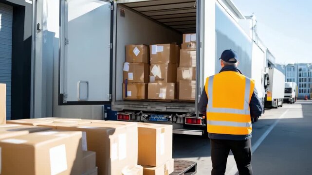 A worker in a safety vest reviews shipment documents at the loading dock as a delivery truck is loaded with boxes in an urban setting
