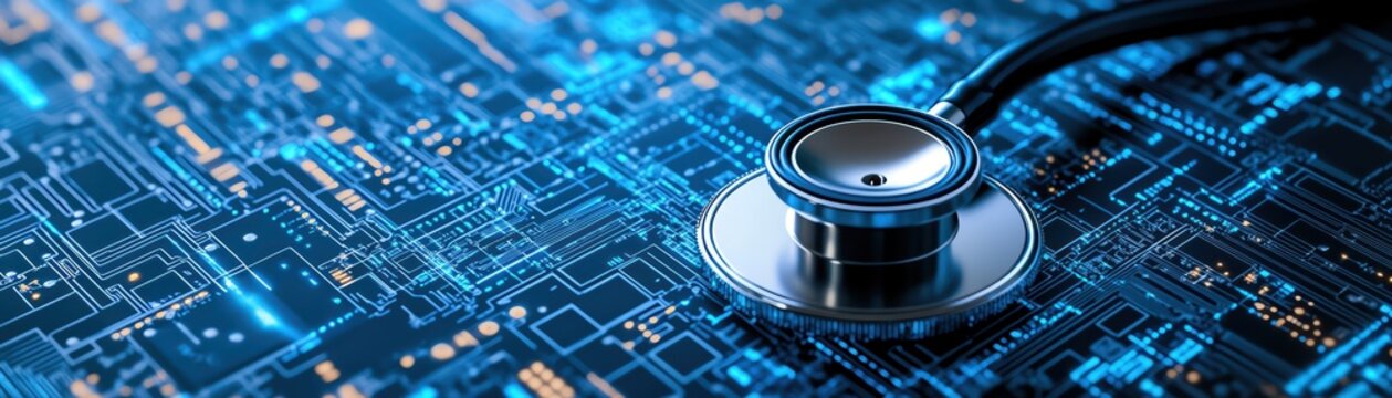 A stethoscope on a digital circuit board background, representing the integration of healthcare and advanced digital technology