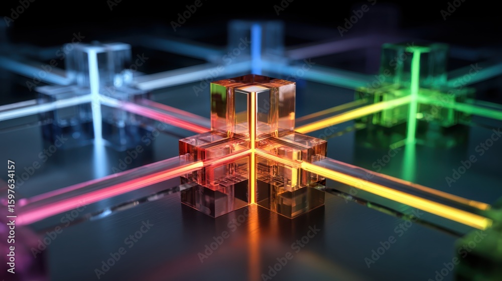 Poster a futuristic, transparent cube structure with colorful glowing rods intersecting, creating a vibrant
