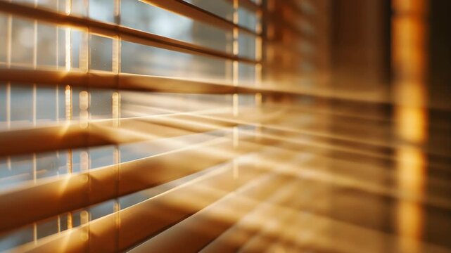 Golden sunlight casting moving shadows through wooden blinds in cozy interior, warm tones, for home decor videos, meditation, or lifestyle branding content