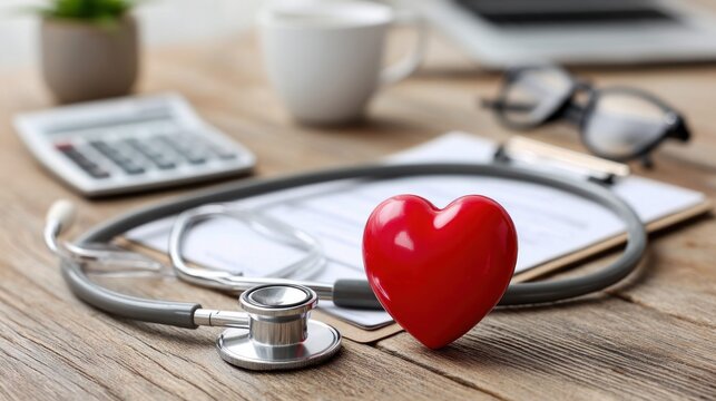 A red heart lies beside a stethoscope on a wooden surface, with other medical items in the background.