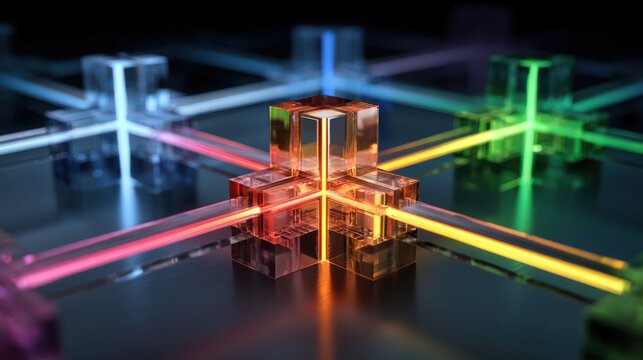 A futuristic, transparent cube structure with colorful glowing rods intersecting, creating a vibrant network on a dark reflective surface.
 - Powered by Adobe