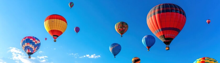 Naklejka premium Colorful hot air balloons against a clear blue sky, vibrant, highangle view