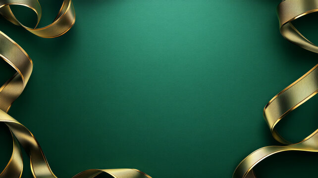 Gold ribbons on a green background with space for text.