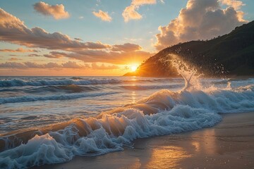 Breathtaking Oceanfront Beach at Sunset with Vibrant Waves and Golden Sunlight