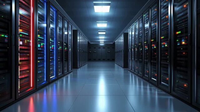 Wide-angle video of modern server room with rows of LED-lit racks in cool tones, clean metallic floor reflections, for cloud computing, tech, or IT visuals