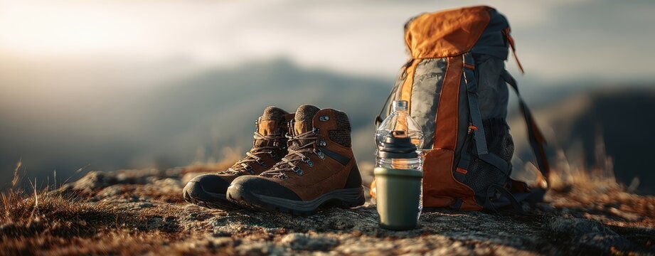 The hiking gear resting on a rocky mountain ledge at sunset.