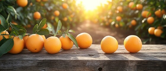 Ripe oranges arranged neatly on a rustic wooden table in the middle of a sunkissed orange orchard