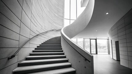 A modern, architectural photograph showcases a grand, spiraling staircase in a minimalist design. The monochrome palette enhances the sleek aesthetic.