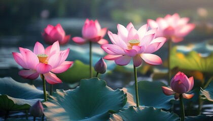 Obraz premium Vibrant pink lotus flowers bloom majestically in a tranquil pond setting