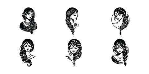 Indian Woman Portraits: Black and White Line Art Illustrations of Beautiful Women with Braids and Traditional Jewelry