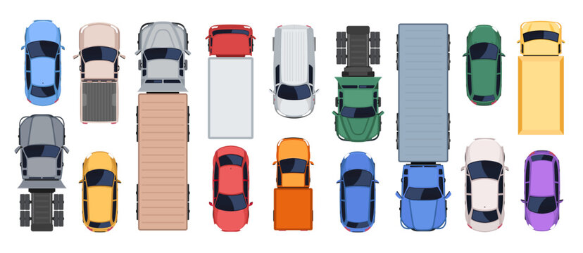 Top view set of cars and trucks vector
