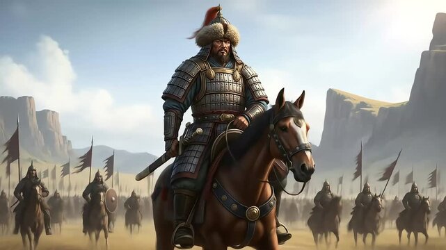 Mighty Warlord on Horseback Commands His Ancient Army Across Barren Lands