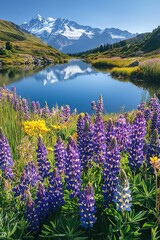 Stunning landscape of vibrant lupine flowers beside a serene mountain lake with reflections and a clear blue sky