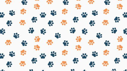 Seamless blue and orange paw print pattern on light background. Ideal for pet-themed designs