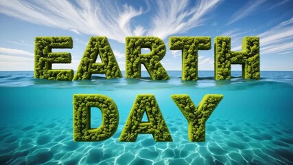 Earth Day poster with green typography above ocean waves – Eco-friendly message, environmental awareness