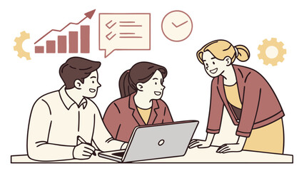 Colleagues discussing graphs on a laptop, symbolizing teamwork and productivity in the office.