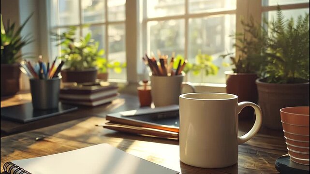 Cozy morning workspace with coffee mug, notebook, and sunlight streaming through window with plants. 