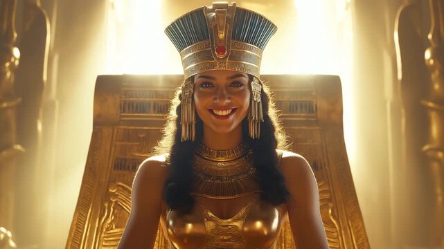 Egyptian queen adorned in golden attire sits confidently on a lavish throne illuminated by soft light