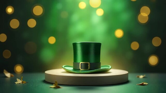Green leprechaun hat on wooden podium &ndash; St. Patrick&rsquo;s Day celebration, festive decoration
