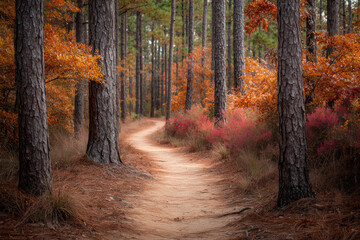 Obraz premium serene walk through forest at start of fall surrounded by vibrant colors of autumn