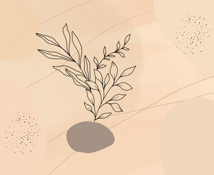 Abstract modern wall art with plants and shapes in shades of grey and black on a light peach gradient background colous