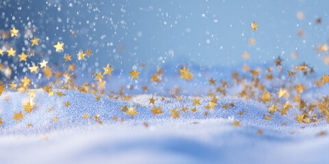 Winter wonderland scene with gold stars and falling snow