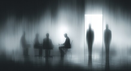 Obraz premium Serene Business Silhouettes: Blurred Figures Around Table with Doorway Light, Peaceful Yet Mysterious Office Ambiance, Minimalist