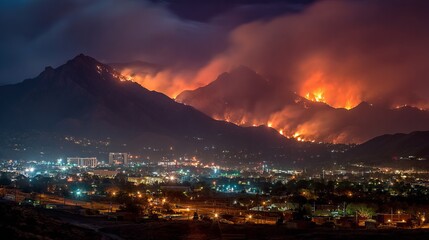 Dramatic mountain wildfire engulfs hillsides overlooking vibrant city lights at night