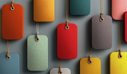 Colorful flat lay of assorted gift tags in red and yellow hanging on a grey background for e-commerce product presentation or promotional design