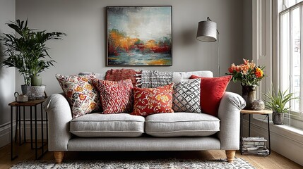 Fototapeta premium Light Gray Sofa Decorated with Colorful Throw Pillows
