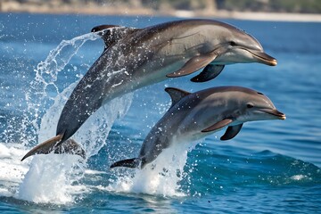 Two dolphins leaping from blue ocean water jumping