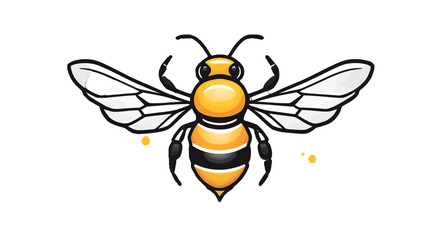 Friendly cartoon bee with detailed wings and striped body flying with small pollen dots