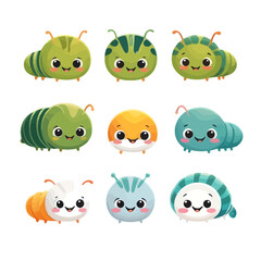 Obraz premium Adorable cartoon caterpillars in various colors with cute happy faces and small legs, perfect for children's illustrations and educational materials