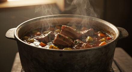 A rustic pot of stew with chunks of vegetables and meat