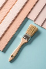 A paintbrush and painted wooden planks arranged on a light blue surface in a studio setting