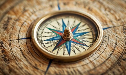 A vintage compass rests on a wooden surface, displaying direction with its needle and design. The close-up shot emphasizes the detail and texture.