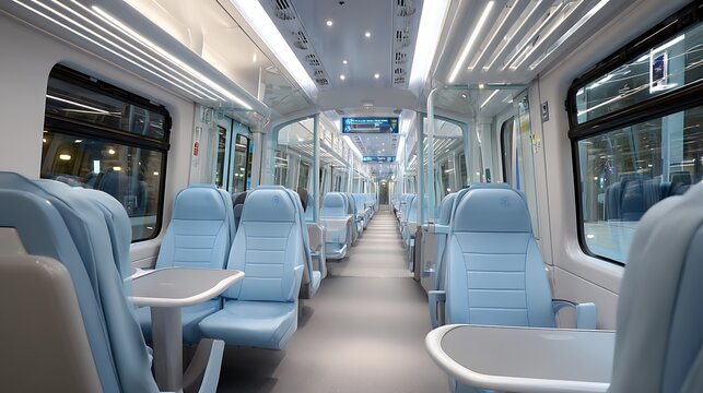 Modern train interior with empty blue seats and sleek design creating a sense of spaciousness and comfort . - Powered by Adobe