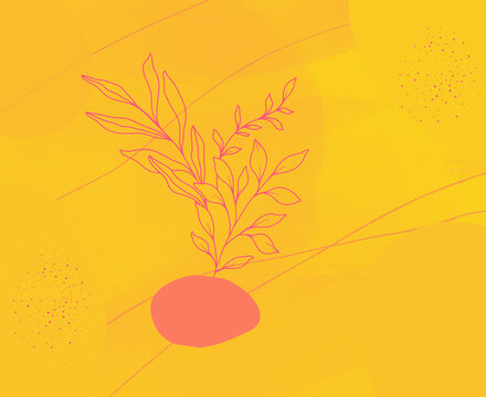 Abstract modern wall art with plants and shapes in ivid yellow and fuchsia colours